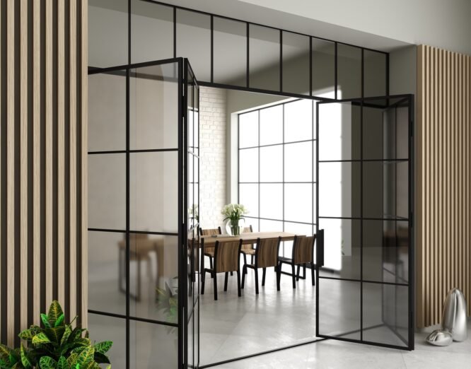 3d illustration. Modern sliding glass door in the office. Loft style interior